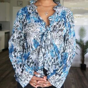 Elementz Blue & Gray Tie-Front Ruffle Blouse